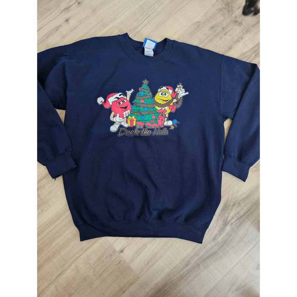 M&Ms Christmas Sweatshirt Navy Blue Deck The Halls Graphic Mens Large Vintage